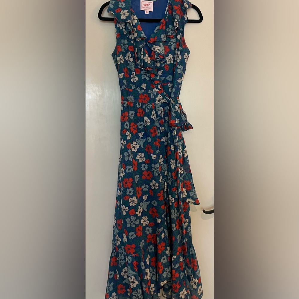 Banjanan Blue Floral Wrap Dress with Red & Cream Accents